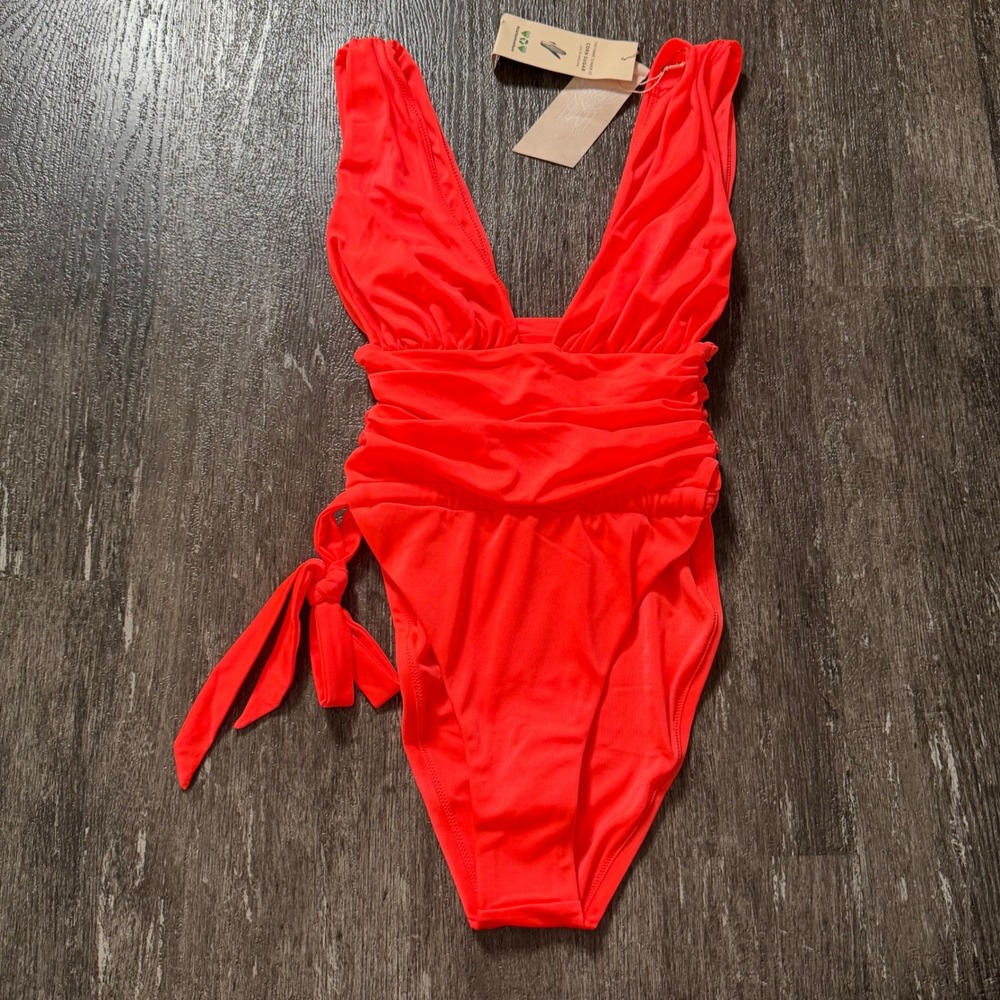 We Are HAH Free People One Piece Swimsuit Womens XS Neon Orange Tie Plunge Neck